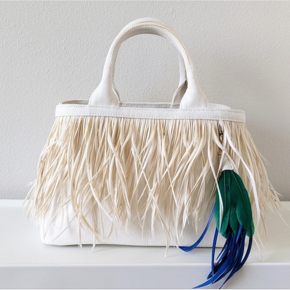 Prada Handbags - Prada Feather Trimmed Canapa Fringe Purse